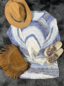 圖案印花插肩袖高低下擺T恤 - 淺灰色 - 查看 3