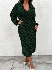 SHEIN Clasi Plus Geo Pattern Drop Shoulder Sweater Dress, For Winter - Multicolor - View 6