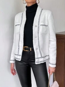 SHEIN Privé 拼接邊前紐扣外套 - 黑與白 - 查看 4