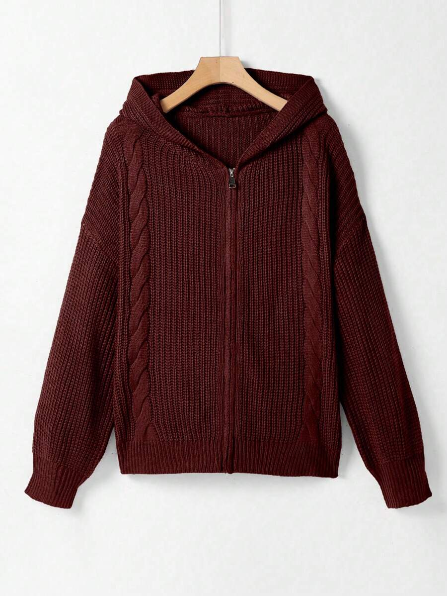SHEIN LUNE Plus Cable Knit Drop Shoulder Hooded Cardigan - Burgundy - View 1