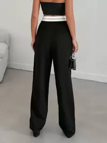 EURMUSE Contrast Waistband Waist Straight Leg Suit Pants - Black - View 2