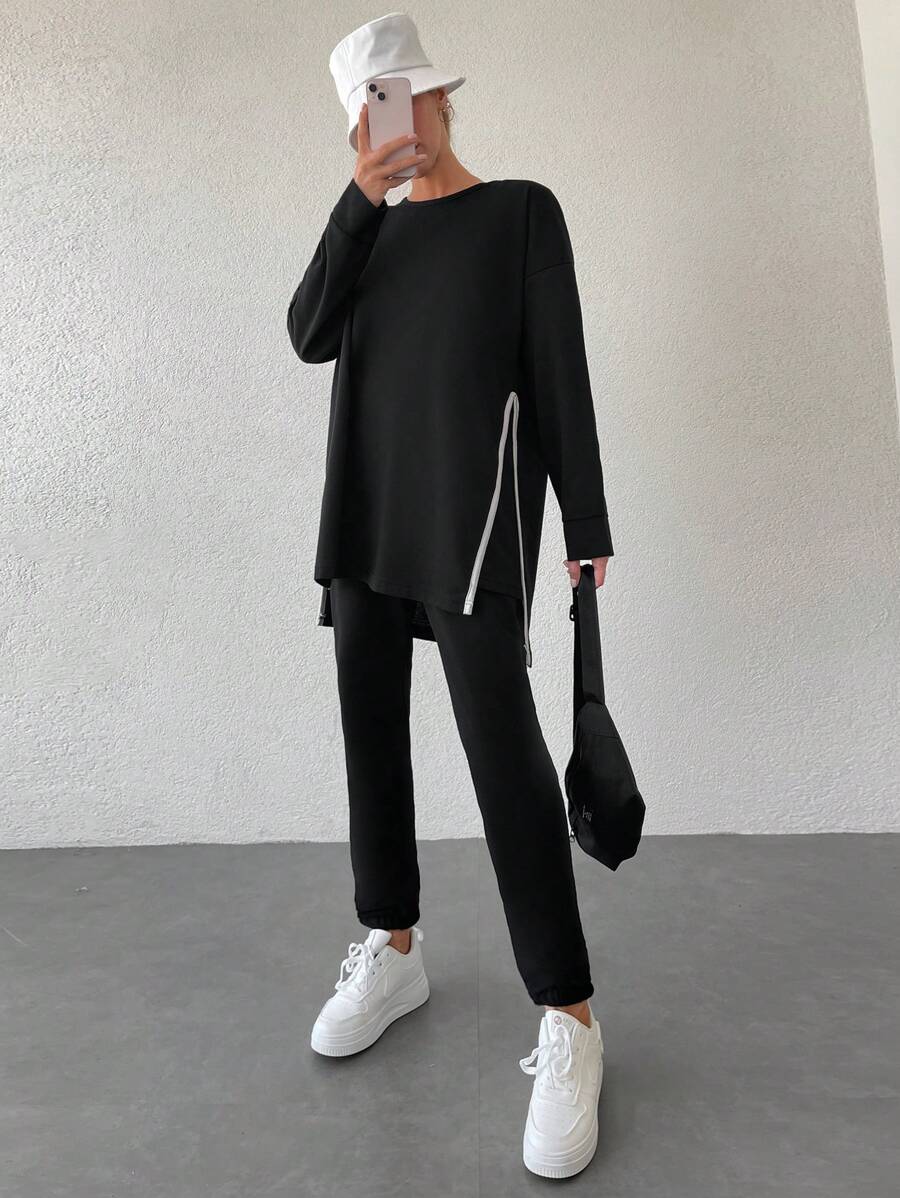 RueChic Áo thun dài tay xẻ tà màu đơn giản và quần ống đứng màu trơn 2 chiếc/bộ - màu đen - Xem 1