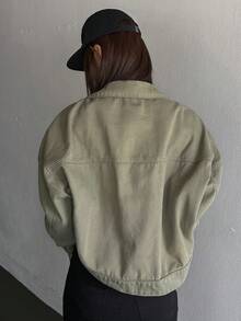 DAZY Drop Shoulder Flap Detail Crop Denim Jacket - Army Green - View 5