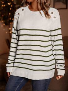 SHEIN LUNE 大碼條紋圖案紐扣細節套頭毛衣 - 墨綠色 - 查看 3