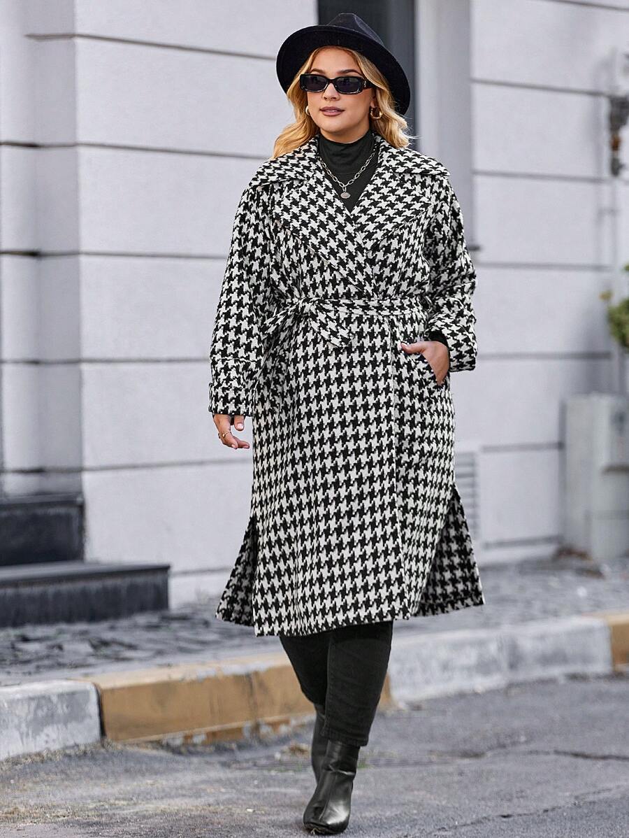 RueChic Plus Houndstooth Print Belted Overcoat - Black and White - View 1
