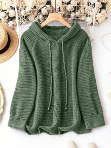 Áo hoodie dệt kim màu trơn cỡ lớn cho nữ có dây rút ở cổ tay, thiết kế tay áo raglan, áo len chui đầu tối giản thường ngày cho mùa thu/đông - Màu xanh lá cây đậm - Xem 1
