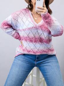 SHEIN LUNE 渐变色落肩镂空针织毛衣套头衫秋冬毛衣 - 彩色 - 查看 7