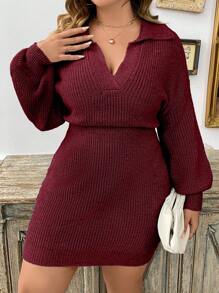SHEIN Clasi Plus Drop Shoulder Ribbed Knit Sweater Dress - Burgundy - View 1