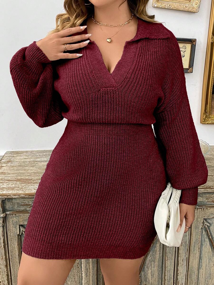 SHEIN Clasi Plus Drop Shoulder Ribbed Knit Sweater Dress - Burgundy - View 1
