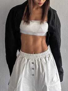 DAZY 實色顯瘦開衩款丹寧短外套 - 黑色 - 查看 1