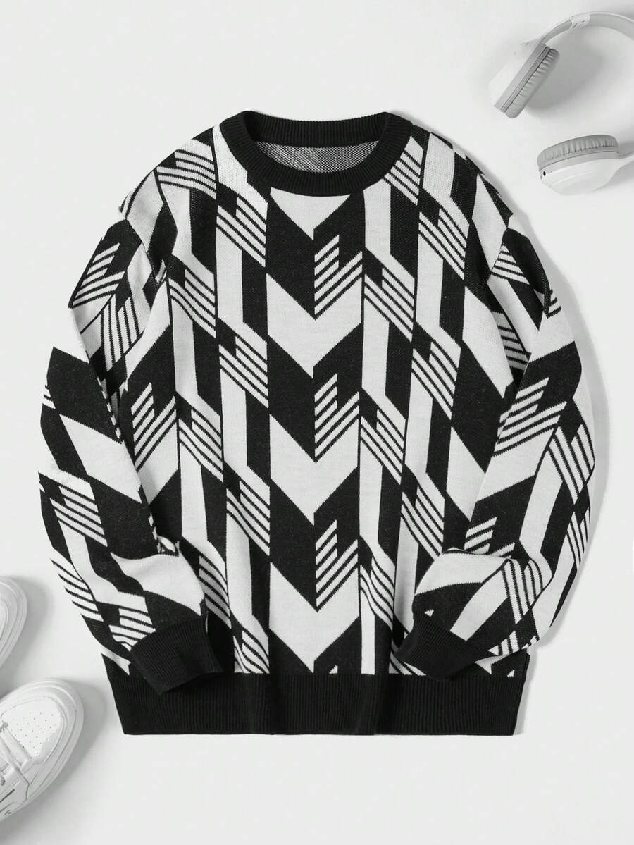RueChic Nam Mẫu Geo Áo len - Đen và trắng - Xem 1