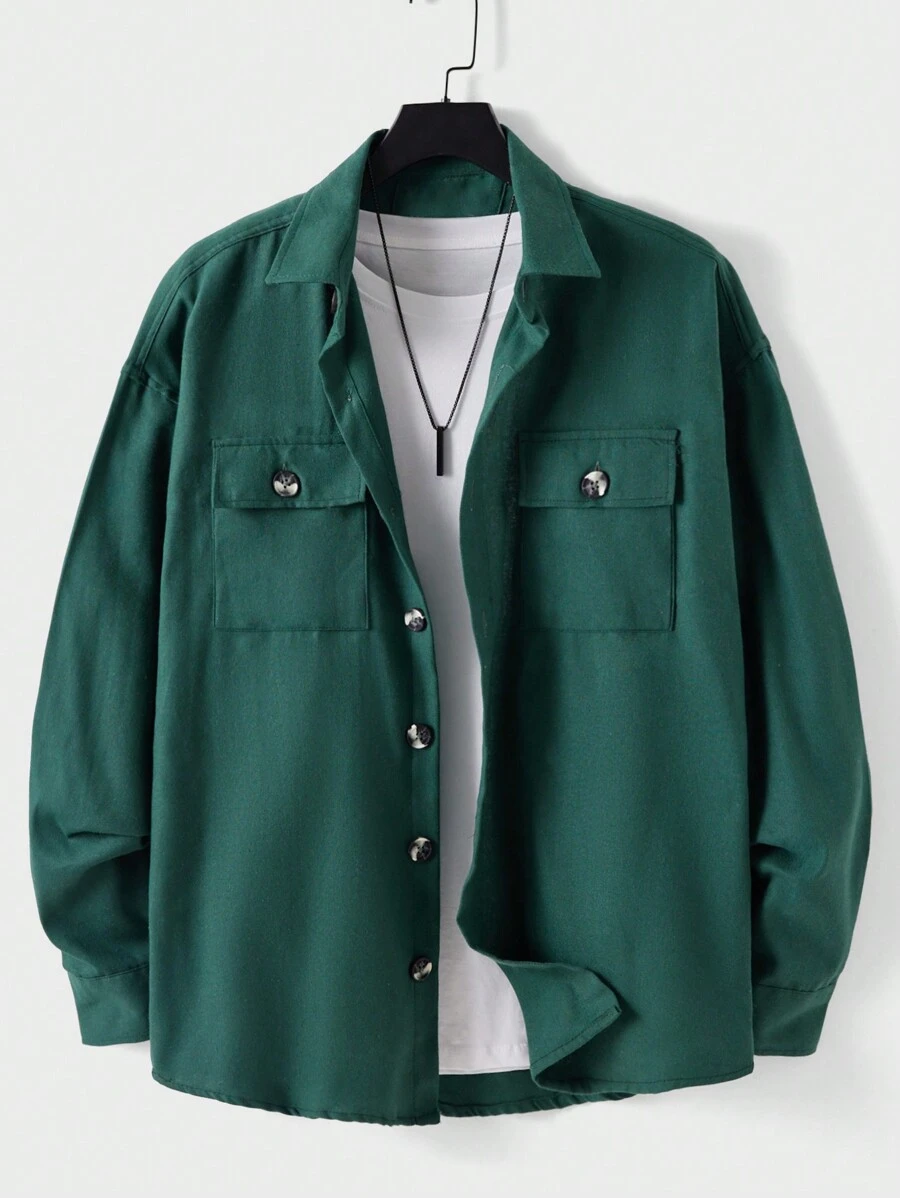 RueChic Men Flap Pocket Drop Shoulder Jacket Without Tee - Green - View 1