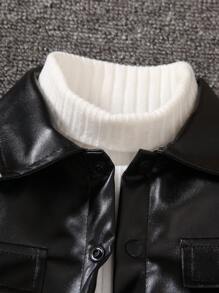 SHEIN Young Boy Flap Detail PU Jacket & Pants Without Tee Chic Outfits For Autumn/Winter - Black - View 8