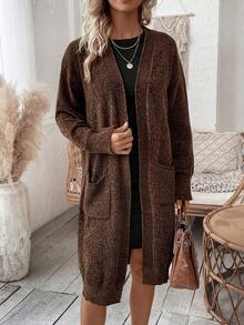 SHEIN Essnce Áo khoác cardigan thả vai hai túi - màu nâu - Xem 4