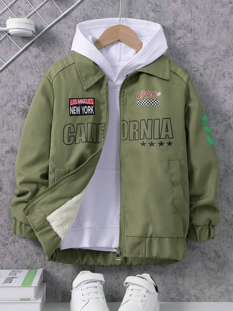 1pc Tween Boys' Letter Printed Jacket Fall Winter - Orange - View 1