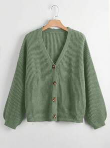 Calvaya 大碼前排扣落肩袖開襟衫 - 綠色 - 查看 1