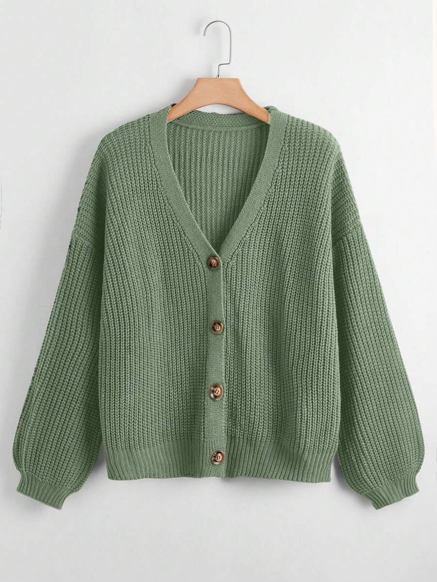 Calvaya 大碼前排扣落肩袖開襟衫 - 綠色 - 查看 1