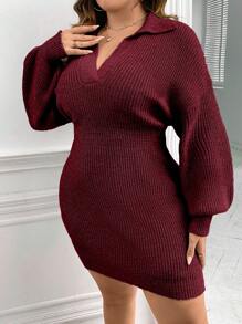 SHEIN Clasi Plus Drop Shoulder Ribbed Knit Sweater Dress - Burgundy - View 3