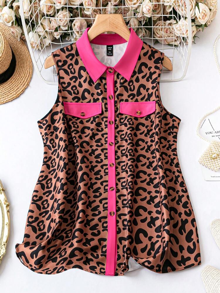 Plus Leopard Print Contrast Trim Vest Coat