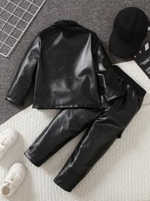 SHEIN Young Boy Flap Detail PU Jacket & Pants Without Tee Chic Outfits For Autumn/Winter - Black - View 2