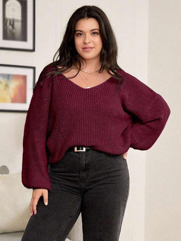Plus Size Women's Solid Color V-Neck Hollow Out Long Sleeve Casual Commuter Versatile Burgundy Pullover Sweater, Autumn/Winter Fall Cloth For Women
