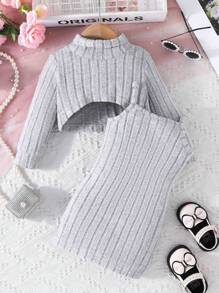 女嬰素色吊帶洋裝&小高領高低下擺T恤 - 淺灰色 - 查看 1