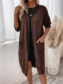 SHEIN Essnce Áo khoác cardigan thả vai hai túi - màu nâu - Xem 5