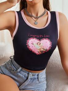 SHEIN Đồ họa Hình & Khẩu hiệu Tương phản ràng buộc Crop Tank Top - màu đen - Xem 3