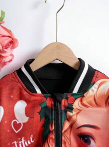 SHEIN Tween dziewczynka Grafika rysunkowa Pasiaste wykończenie Kurtka bomberka Bez swetra Dla Boże Narodzenie