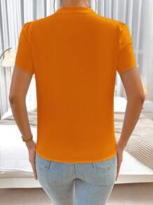 SHEIN Privé Spring Break Solid Notched Neckline Petal Sleeve Work Women White Shirt Blouse - Orange - View 2