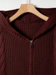 SHEIN LUNE Plus Cable Knit Drop Shoulder Hooded Cardigan - Burgundy - View 4