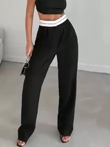 EURMUSE Contrast Waistband Waist Straight Leg Suit Pants - Black - View 5