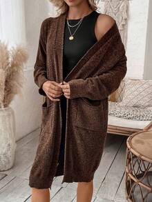 SHEIN Essnce Áo khoác cardigan thả vai hai túi - màu nâu - Xem 3