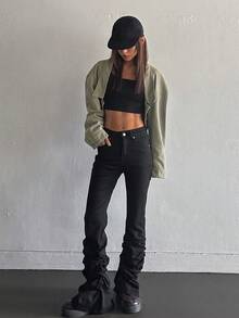 DAZY Drop Shoulder Flap Detail Crop Denim Jacket - Army Green - View 4