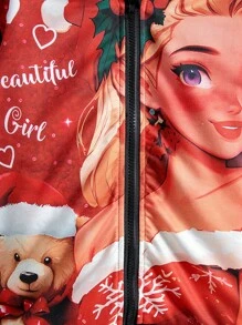 SHEIN Tween dziewczynka Grafika rysunkowa Pasiaste wykończenie Kurtka bomberka Bez swetra Dla Boże Narodzenie