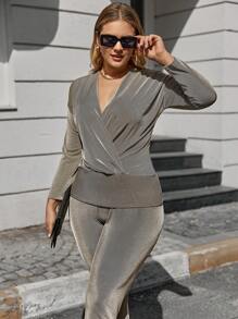 RueChic Plus Surplice Neck Drop Shoulder Top & Leggings - Beige - View 5