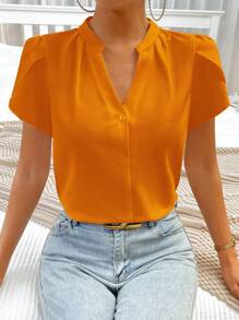 SHEIN Privé Spring Break Solid Notched Neckline Petal Sleeve Work Women White Shirt Blouse - Orange - View 1