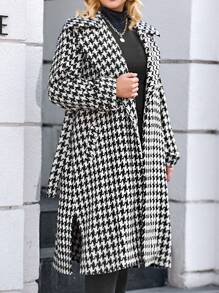 RueChic Plus Houndstooth Print Belted Overcoat - Black and White - View 4