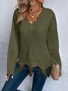 SHEIN LUNE Drop Shoulder Distressed Trim Sweater,Long Sleeve Tops Knit Pullover Fall Winter Sweater - Army Green - View 6