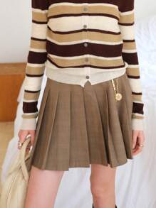 Plaid Print Pleated Skirt - Coffee Brown - View 1