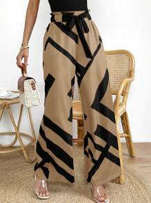 Breezaya Geo Print Elastic Waist Wide Leg Pants - Khaki - View 4