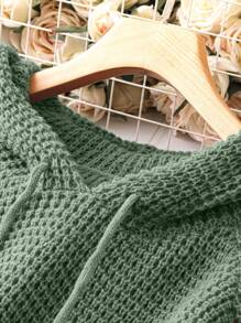 Áo hoodie dệt kim màu trơn cỡ lớn cho nữ có dây rút ở cổ tay, thiết kế tay áo raglan, áo len chui đầu tối giản thường ngày cho mùa thu/đông - Màu xanh lá cây đậm - Xem 5