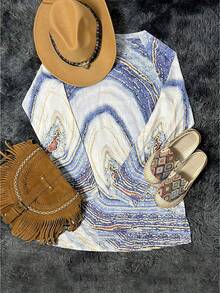 圖案印花插肩袖高低下擺T恤 - 淺灰色 - 查看 2