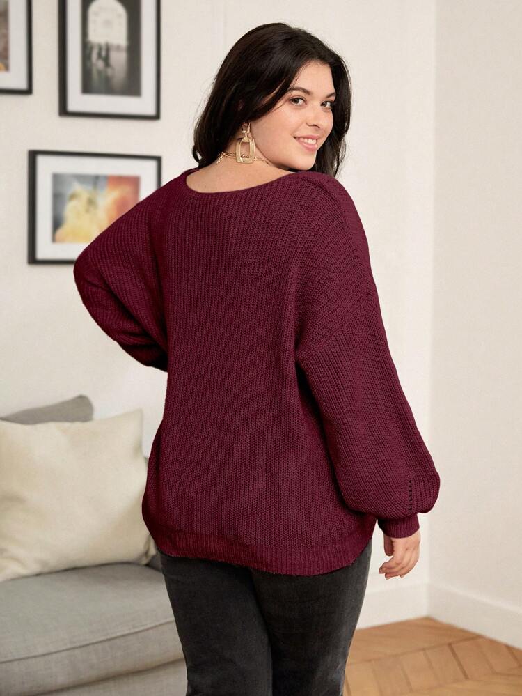 Plus Size Women's Solid Color V-Neck Hollow Out Long Sleeve Casual Commuter Versatile Burgundy Pullover Sweater, Autumn/Winter Fall Cloth For Women