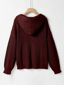 SHEIN LUNE Plus Cable Knit Drop Shoulder Hooded Cardigan - Burgundy - View 2