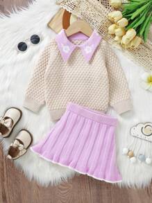 Baby Girl Contrast Collar Raglan Sleeve Sweater & Knit Skirt - Purple - View 5