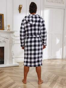 男士格子圖案連帽附腰帶睡袍 - 彩色 - 查看 2
