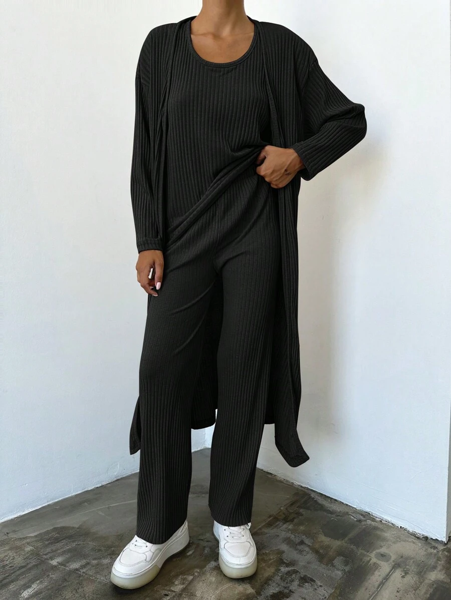 RueChic Áo ba lỗ trơn & Quần & Áo khoác hở vai phía trước - màu đen - Xem 1