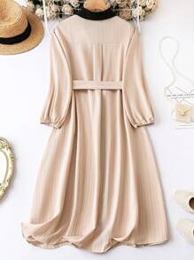 SHEIN LUNE Plus Contrast Trim Belted Shirt Dress - Apricot - View 2