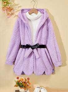 SHEIN Cô gái Tween 1 Miếng Chất rắn Thắt lưng áo có mũ Lông cừu áo - Màu tím - Xem 1